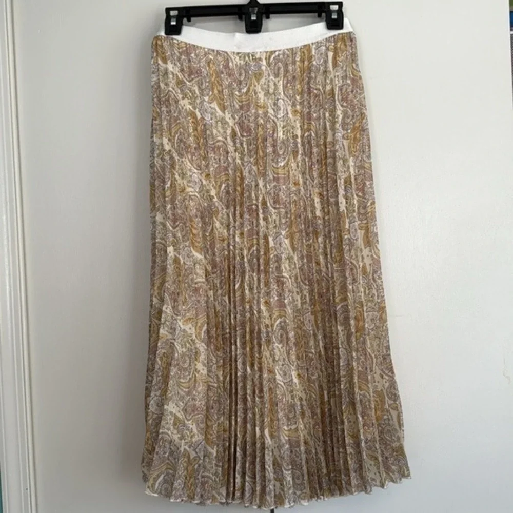 WD-NY Paisley Pleated Midi Skirt Gold Purple‎ Cream Elastic Waist Size 8